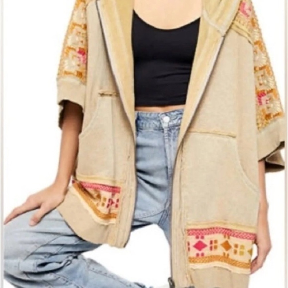 Free People Tan Hooded Tunic with Pink and Orange Accents